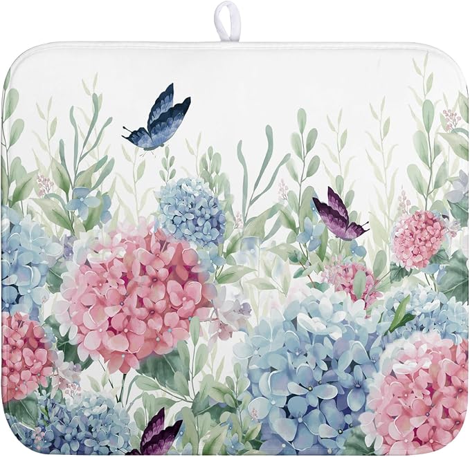 Spring Flowers Dish Drying Mat for Kitchen Counter Blue Pink Hydrangea Floral Drying Mats Absorbent Reversible Microfiber Dish Draining Mat Reusable Washable Dishes Pad Medium 16"x18"