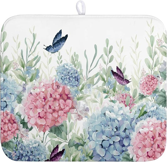 Spring Flowers Dish Drying Mat for Kitchen Counter Blue Pink Hydrangea Floral Drying Mats Absorbent Reversible Microfiber Dish Draining Mat Reusable Washable Dishes Pad Medium 16"x18"