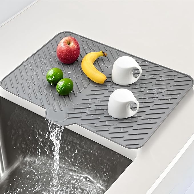 Silicone Dish Drying Mat 23x17,Food-Grade Silicone,Easy Clean Pad for Countertop Protection,Heat Resistant,Easy Clean,Non-Slip Drain Pad with Built-in Drain,Multi-Functional Use,Gray