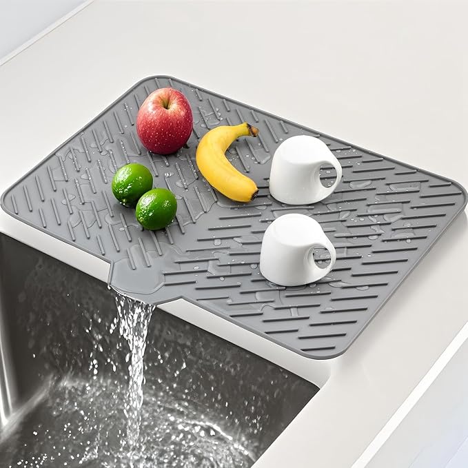 Silicone Dish Drying Mat 23x17,Food-Grade Silicone,Easy Clean Pad for Countertop Protection,Heat Resistant,Easy Clean,Non-Slip Drain Pad with Built-in Drain,Multi-Functional Use,Gray