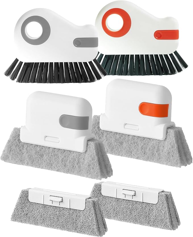 Window Track Cleaning Tools, Sliding Door Track Cleaner, 6-Piece Brush Kit | Hard Bristle, Crevice and Sponge Brushes with Replacement Heads for Window Grooves, Shower Tracks, Grout, Sinks and Vents