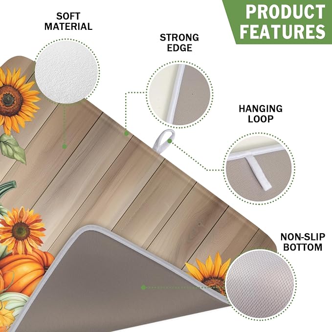 Fall Orang Pumpkin Dish Drying Mat for Kitchen Counter 16 x 18 Inch Autumn Sunflower Dish Drainer Mat Absorbent Microfiber Thanksgiving Wooden Dish Rack Pad for Coffee Dining Bar Decor