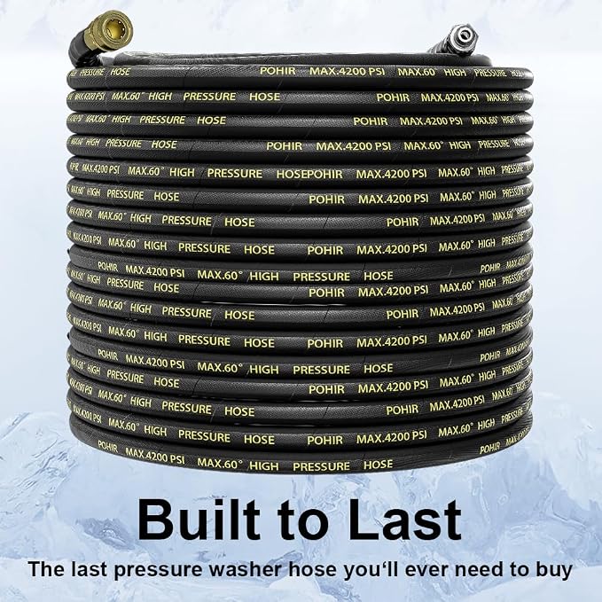 Pressure Washer Hose 50 ft with 3/8 Inch Quick Connect, Kink Resistant High Tensile Wire Braided,with 2 pcs M22 14mm Adapter Set, 4200 PSI Power Washer Hose | POHIR 2pcs 3/8'' QC to M22 14mm Adapters, 4200PSI Power Washing Hose 1/4’’ ID, No-Kink&No-Bur...