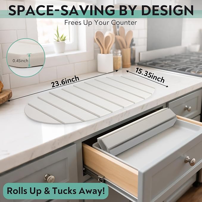 Stone Drying Mat for Kitchen Counter, Quick Diatomaceous Earth Mats for Dishes, Super Absorbent Fast Drying Collapsible Countertop Stone Mat , for Dishes Bottles Cups Bathroom ,24"(L)×16 (W)