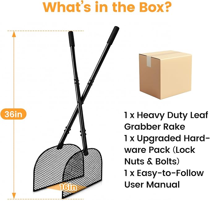 Leaf Grabber Rake with Long Handle, Heavy Duty Metal Leaf Picker Upper and Grass Collector, Upright Lawn Debris Pickup Tool with Upgraded Lock Nuts for Yard Cleanup, No Bending Over