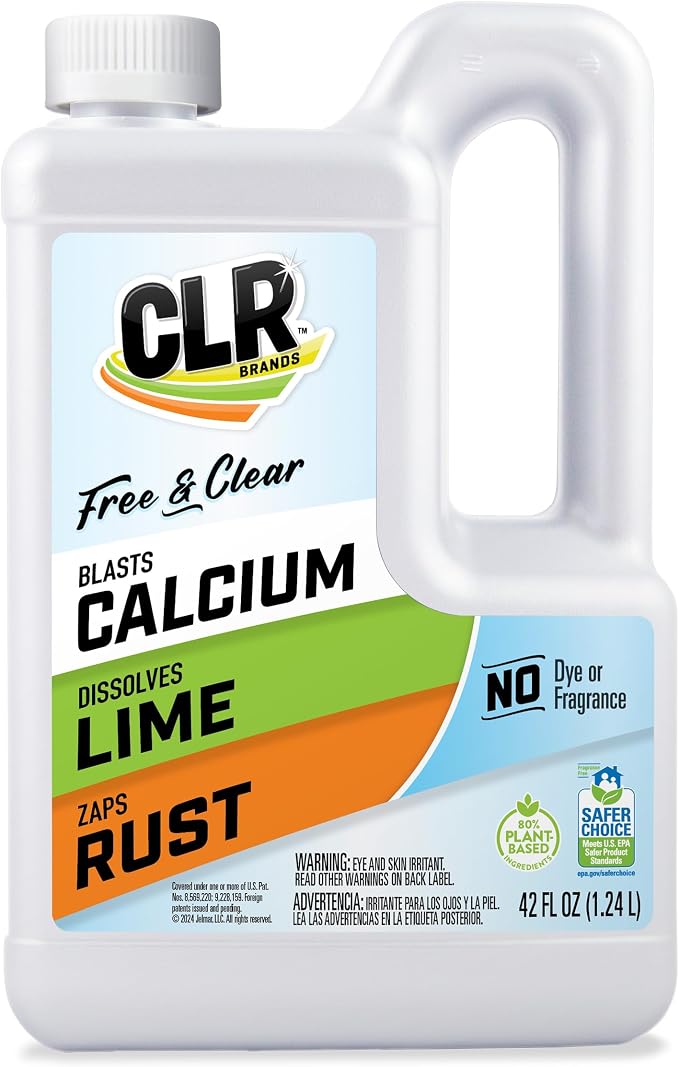 CLR Brands Calcium, Lime & Rust Remover Free & Clear, No Dyes or Fragrances, Gentle Lime and Bathroom Descaler, Removes Hard Water Stains and Rust Deposits, 42 Oz Bottle