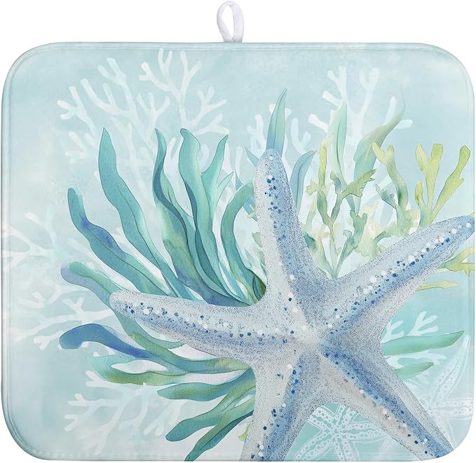Summer Coastal Dish Drying Mat for Kitchen Counter Nautical Beach Starfish Coral Dish Drying Pad Ocean Teal Blue Dish Mat Absorbent Microfiber Dishes Drainer Mats 16"x18"