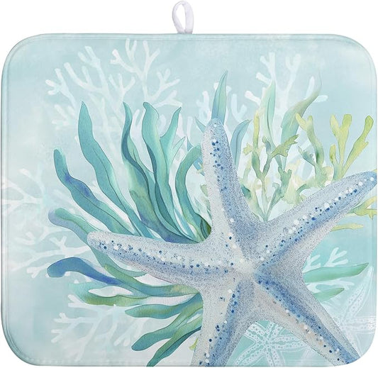 Summer Coastal Dish Drying Mat for Kitchen Counter Nautical Beach Starfish Coral Dish Drying Pad Ocean Teal Blue Dish Mat Absorbent Microfiber Dishes Drainer Mats 16"x18"