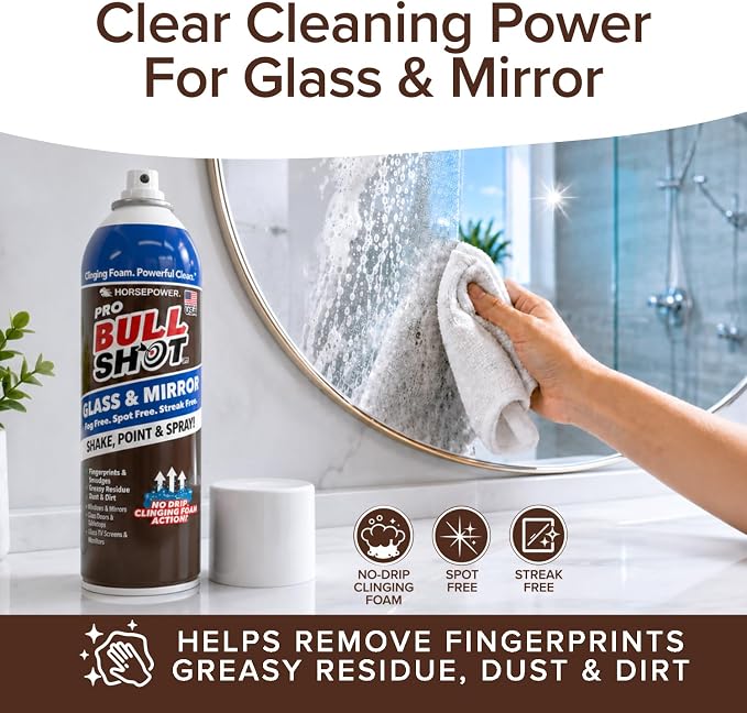 Horsepower Bull Shot Glass & Mirror Cleaner, As Seen On TV, No-Drip Foaming Glass Cleaner for Mirrors, Windows & TV Screens, Made in USA