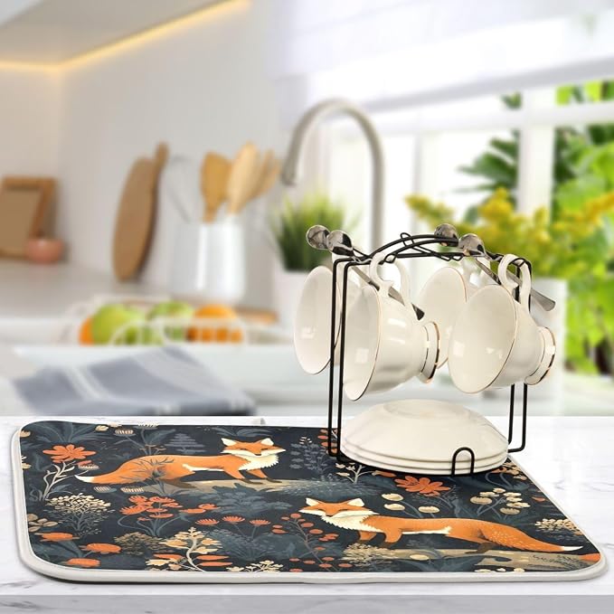 Dish Drying Mat Kitchen Counter Absorbent Two Foxes Coffee Sink Mat Dish Drainer Pad 18 Inch x 24 Inch