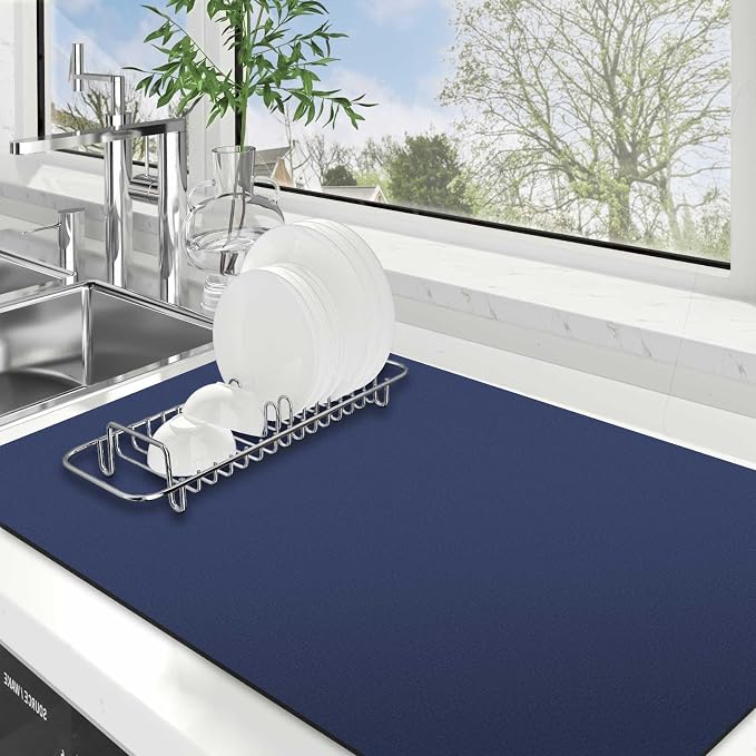 WISELIFE Dish Drying Mat Super Absorbent Drying Mat Large Dish Drying Mats for Kitchen Counter Easy Clean Dish Mat Kitchen Drying Mat18"x 32" Classic Blue