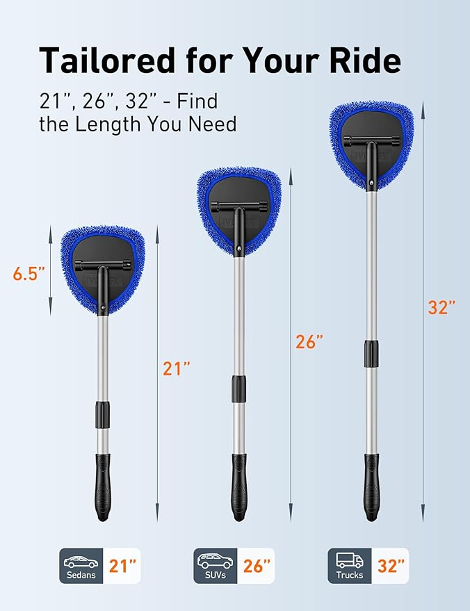 AstroAI 32" Ultra-Long Windshield Cleaner Tool, Car Interior Window Detailing Cleaning Kit with Extendable Handle and 4 Upgraded Reusable Microfiber Pads, Auto Glass Wiper Brush Kit for Car&Home, Blue