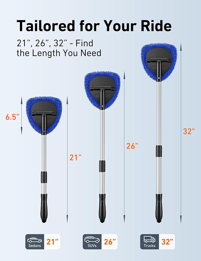 AstroAI 21" Extra-Long Windshield Cleaner Tool, Car Interior Detailing Cleaning Kit with Extendable Handle and 4 Upgraded Reusable Microfiber Pads, Auto Glass Wiper Brush Kit for Cars, Blue, 2 Pack
