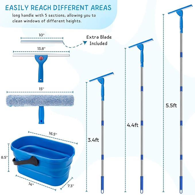 Window Squeegee Kit with 3 Gallon Collapsible Bucket, 5.5 Ft Long Handle Windows Washing Tools for Home and Outdoor Glass, Car Windshield Cleaning Supplies