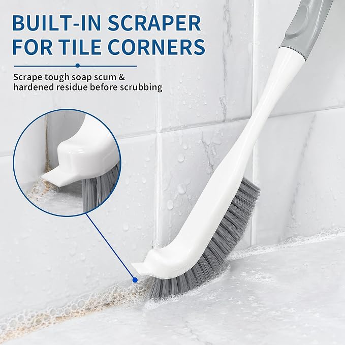 3PCS Heavy Duty Scrub Brush Set - Shower Cleaning Brushes for Bathroom | Corner brush with scraper, V-shape grout brush & stiff scrubber. For grout, tracks, crevice, shower, tub & floor.