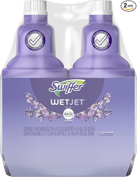 Swiffer WetJet Multi-Purpose Floor Cleaner Solution with Febreze Refill, Hardwood Floor Cleaner, Lavender Scent, 1.25 Liter -42.2 Fl Oz (Pack of 2)