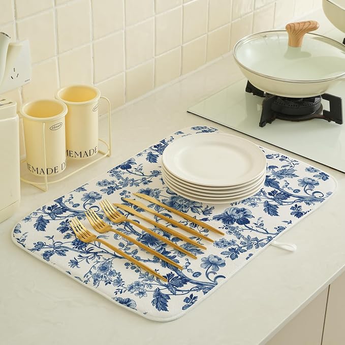 Blue Floral Dish Drying Mat 18 x 24 Inch Vintage Navy Blue Floral Drying Mat for Kitchen Counter Absorbent Spring Summer Flower Dishes Dry Pad for Drainer Rack Kitchen Fast Dry