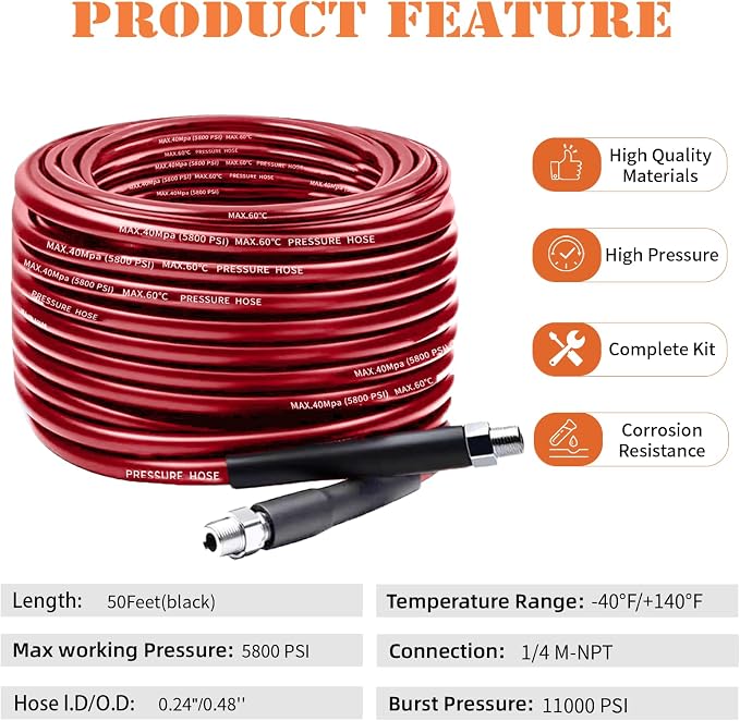 Sewer Jetter Kit for Pressure Washer, 50FT Drain Cleaner Hose 5800PSI with 1/4 Inch NPT Corner, Rotating Nozzle and 4 Different Button Nose Sewer Jet Nozzles, Waterproof Tape and 2 Spanners (Red)