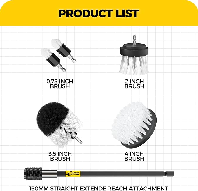 Holikme 6Pack Drill Brush Power Scrubber Cleaning Brush Extended Long Attachment Set All Purpose Drill Scrub Brushes Kit for Grout, Floor, Tub, Shower, Tile, Bathroom and Kitchen Surface White | 5 head sizes, white nylon fibers, power scrubber attachme...