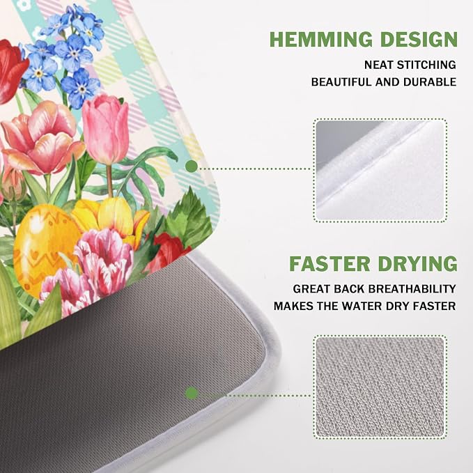 Easter Bunny Dish Drying Mat for Kitchen Counter Happy Easter Rabbit Floral Colorful Buffalo Plaid Microfiber Dish Drainer Mat Absorbent Washable Drying Pad 16"x18"