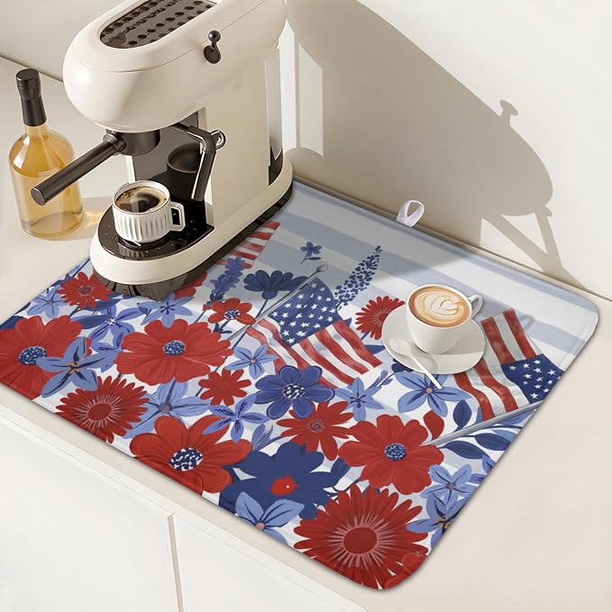 Patriotic Floral Dish Drying Mat for Kitchen Counter 4th of July American Flag Microfiber Dish Drainer Mat Red and Blue Flower Absorbent Washable Drying Pad 16"x18"
