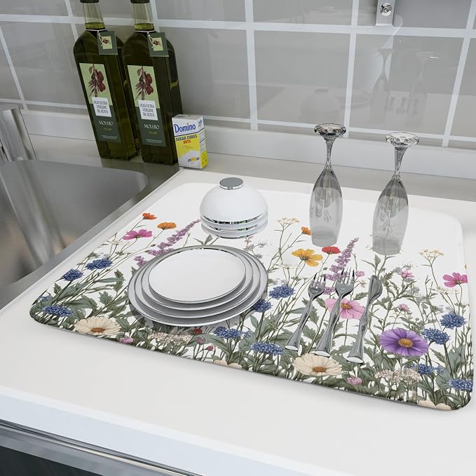 Giwawa Flower Herbs Dish Drying Mat Botanical Plant Dishes Drainer Mat 18x24 inch Reversible Microfiber Drying Dish Pad for Kitchen Counter Decor