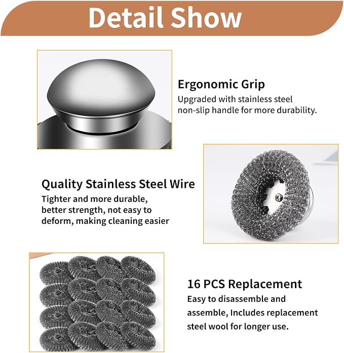 15Pcs Steel Wool Scrubber with Replacement Wire Sponge Pads Set, Stainless Steel Scrubber with Handle for Scouring Messes from Cast Iron, Frying pan, Pots, Pans, Grill, Stoves, Sink