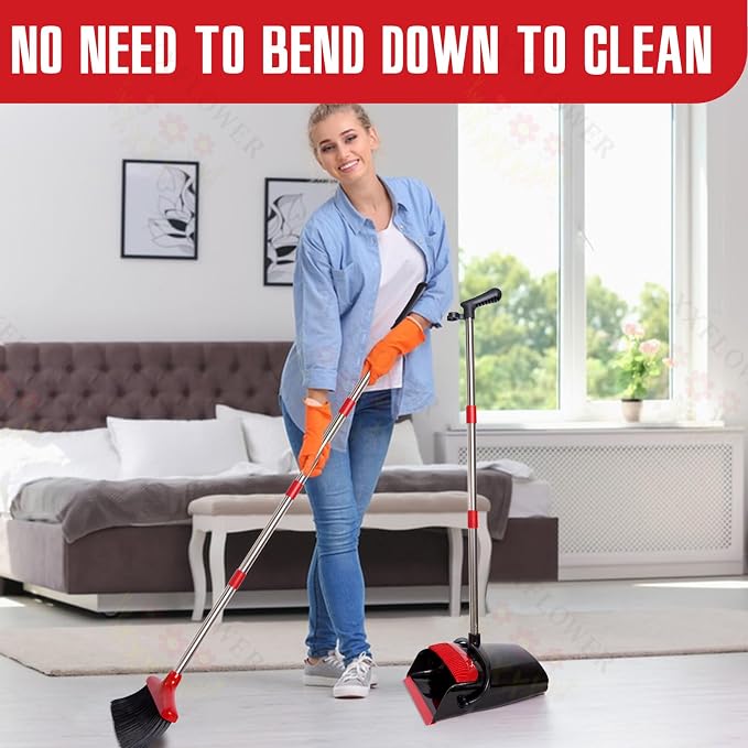 Broom and Dustpan Set,54.72"Long Handle,Standing Dustpan,Black&Red | Light Weight Stainless Steel Poles,Upright Dustpan with Broom Combo,for Home Kitchen Office Pet Dog Hair