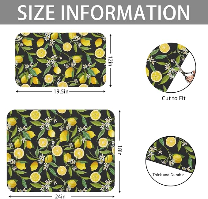 Dish Drying Mat 2-Pack in Black Lemon for Kitchen Counter Dishes Mat | Diatom Mud Mats (18x24, 19.5x12"). Non-slip rubber back for kitchen counter, coffee bar & sink scenes