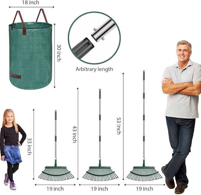 5-in-1 Garden Leaf Rake Tool Set ,53 inches Adjustable Leaf Rake with 2 Large Leaf Collector Bag,A Pair of Leaf Grabbers and A Pair of Work Gloves– Perfect for Yard Cleanup, Outdoor Gardening