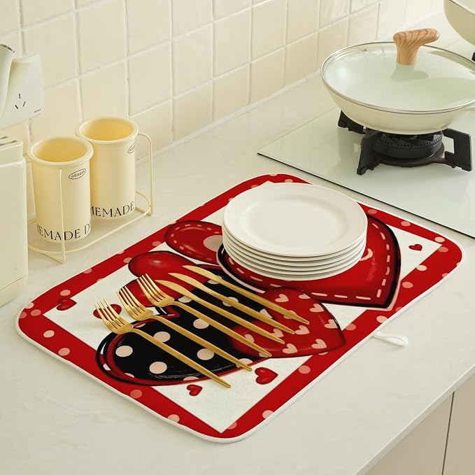 Valentines Dish Drying Mat 18x24 Inch Black Red Hearts Dish Drainer Protector Pad for Kitchen Counter Absorbent Holiday Love Drying Pad for Drainer Rack Kitchen Fast Dry