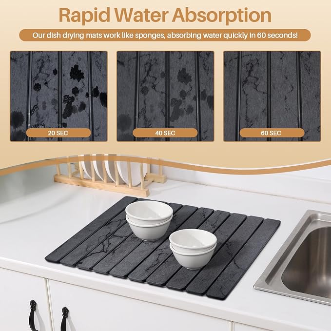 2 PCS Quick Dry Stone Dishes Mats for Kitchen Counter,Collapsible Quick Drying Dish Mats,Ultra Absorbent Diatomaceous Earth Mats for Dishes Bottles Cups, Match Any Countertop（Gray 24"×16"& 8"x4"）