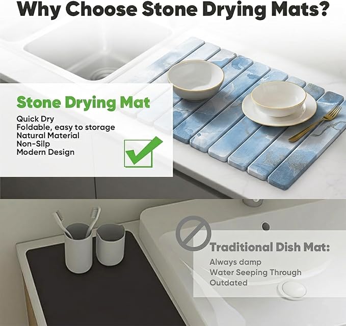 Stone Drying Mat for Kitchen Counter, Quick Diatomaceous Earth Mats for Dishes, 24"L x 16" W Super Absorbent Fast-Drying Collapsible Countertop Stone Mat (Marble White Blue, 24" x 16")
