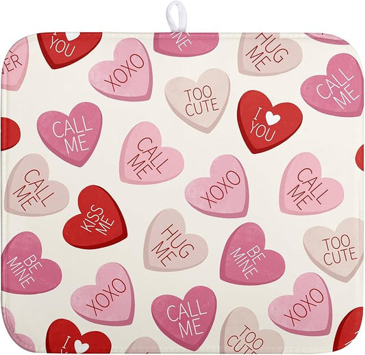 Valentine Love Heart Dish Drying Mat for Kitchen Counter 18x24 Inch Valentines Day Dish Mats Absorbent Microfiber Dish Draining Mat Reversible Dish Drying Rack Mat with Hanging Loop