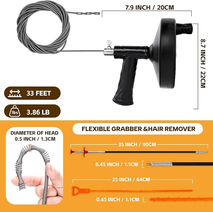 Drain Auger 33 ft, Plumbing Snake Hair Clog Remover Drain Snake Flexible Grabber Heavy Duty Sink Cleaner Tools for Shower Bathtub Bathroom Kitchen Pipe, Black