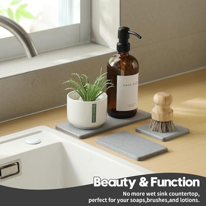 Razborci 3PCS Bathroom Sink Vanity Trays, Quick Stone Drying Mat Dish Soap Dispenser Sponge Holder for Kitchen Counter, Diatomaceous Earth Water Absorbing Caddy Organizer, Light Grey