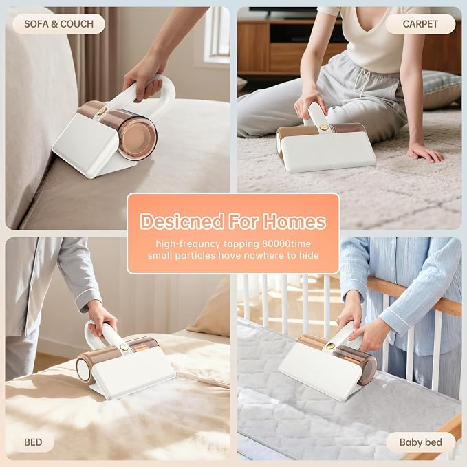 Lightweight Cordless Mattress Vacuum – 10Kpa Suction, 180° Flex Nozzle for Bed Sofa Car Seat Crevices, 30-Min Runtime, Magnetic Dustbin, HEPA Filter