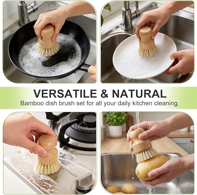 4 Pack Bamboo Dish Brush Set, Natural Kitchen Scrub Brush with Sisal Bristles, Wooden Dish Scrubber for Cleaning Dishes, Pots, Vegetables and Sink