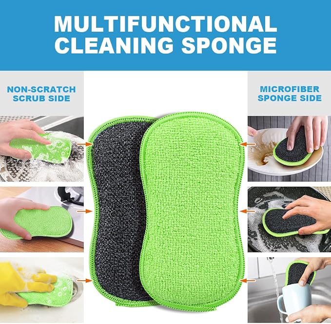 HOMEXCEL 12 Pack Multi-Purpose Scrub Sponges Kitchen Dish Sponge Non-Scratch Microfiber Sponge for Efficiently Cleaning Dishes Pots Pans, Green
