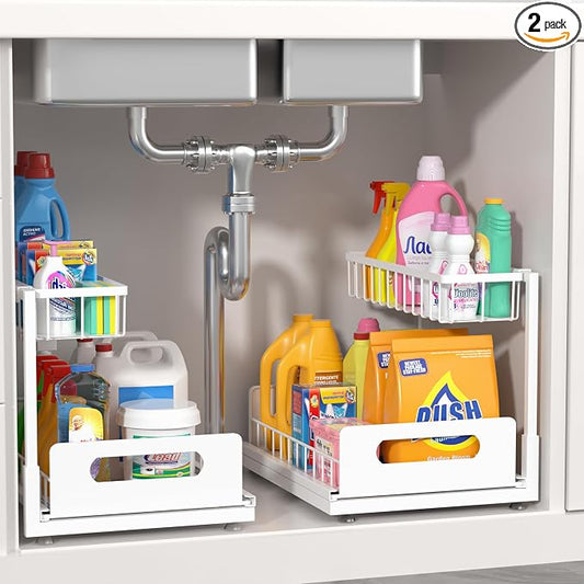 Under Sink Organizer 2 Tier, Pull Out Drawer Slides Under Sink Storage for Bathroom Kitchen,Multi-Purpose Drawer Under Cabinet Organizer for Cleaning Supplies (White, 2 Pack)