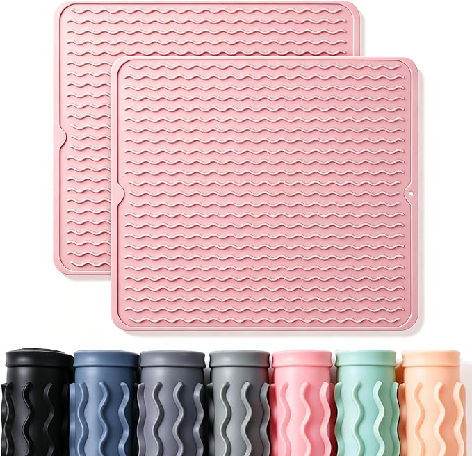 2 Pack Caketime Silicone Dish Drying Mat for Kitchen Counter Cooking Baking Liners Drawer Refrigerator Espresso Machine Station Utensil Holder Washer Trivets Oven Chef Gifts Extra Large 18"x16" Pink