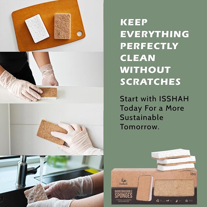 Isshah Plant-Based Kitchen Sponges - FSC Certified and PETA Approved, Natural, Eco-Friendly, Biodegradable Sisal Hemp Sponges for Dishes, Cleaning Sponge for Kitchen, Bathroom, Household - 12 Count