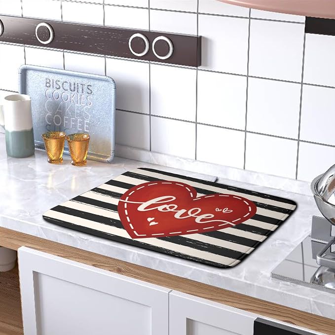 Valentine's Day Dish Drying Mat for Kitchen Counter 18x24 Black White Stripes Red Love Heart Dishes Drainer Mats Absorbent Dish Pad Large Dish Draining Mat for Coffee Bar