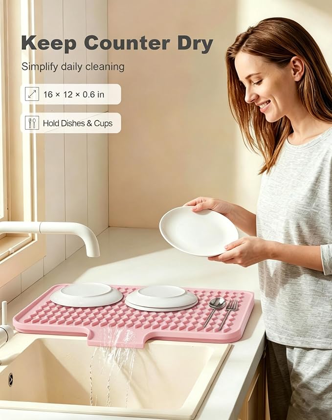 Rnivvi Silicone Dish Drying Mat for Kitchen Counter, 16 x 12" Drainer Pad with Drainage Spout, Easy Clean Dish Rack Mat for Dishes, Non-Slip Countertop Protector Heat Resistant Trivet, Utensils, Pink