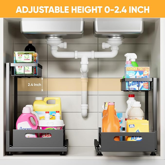 Saydear 2-Pack L-Shaped Under Sink Organizer, 2-Tier Pull-out Cabinet Rack | Black Height-Adjustable Steel Rack, Sliding Grid Drawers with PP Liners, Holds 100 Lbs, Suction Base, Ideal Kitchen Storage
