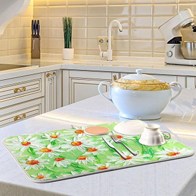 Absorbent Dish Drying Mat for Kitchen Counter - Green Sunflowers Oil Painting Microfiber Drying Pad, Reversible Drainer Mats for Countertop, Lager 18 x 24 inch