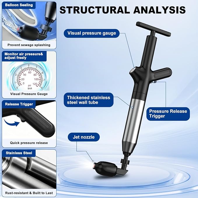 Toilet Plunger, High Pressure Toilet Plunger, Toilet Unclogger Tool for Drain Clog, Heavy Duty Plunger with Gauge, 4 Heads for Bathroom, Sink, Shower