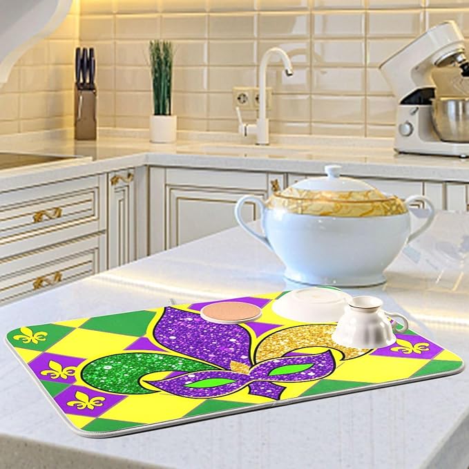 Mardi Gras Fleur De Lis Dish Drying Mat 16 X 18 Inch Rhombus Carnival Mask Absorbent Microfiber Dry Dishes Pads Tableware Mats Protector for Kitchen Countertops Counter Home Decorations