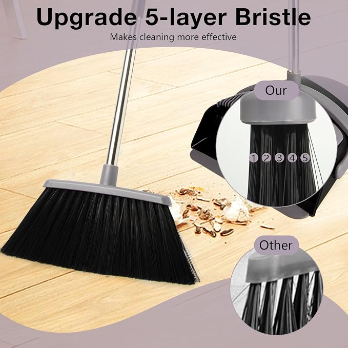 Broom and Dust Pan Combo Set,51.2" Long Handle,Charcoal | Stand up Dustpans with Broom Combo, Indoor & Outdoor Sweeping, for Home Room Kitchen Office Lobby