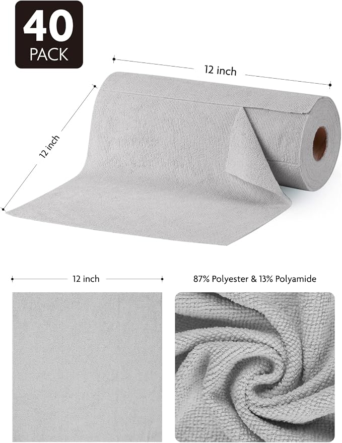 Fantasticlean Microfiber Cleaning Cloth Roll- 40 Sheets, 12" x 12" (Grey) | Super Absorbent, Lint-free, Tear-away Microfiber Towel Roll, for All-Purpose Cleaning, Reusable Alternative to Paper Towels